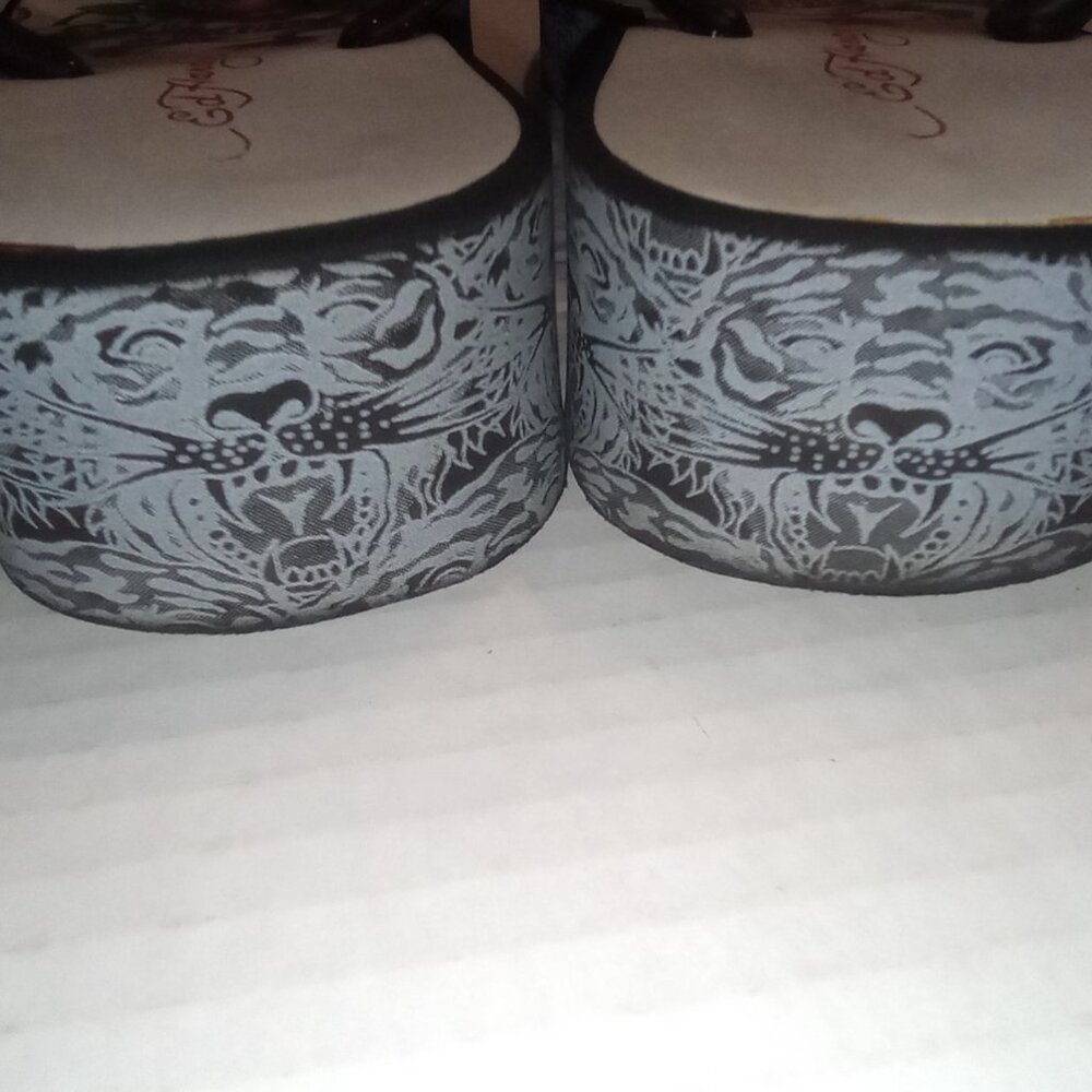 Ed Hardy Y2K Vintage SKULLS Love Kills Slow Wedge Flip Flops Size Approx. 6-6.5 - Picture 8 of 16